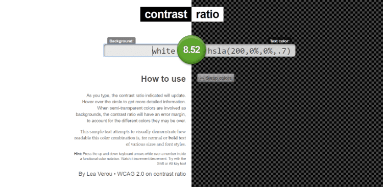  Contrast Ratio color page has instructions on the main page as well as a place to input color choices. 